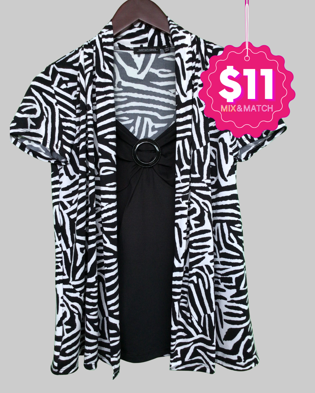 Notations Cowl Neck Black White Short Sleeve Blouse