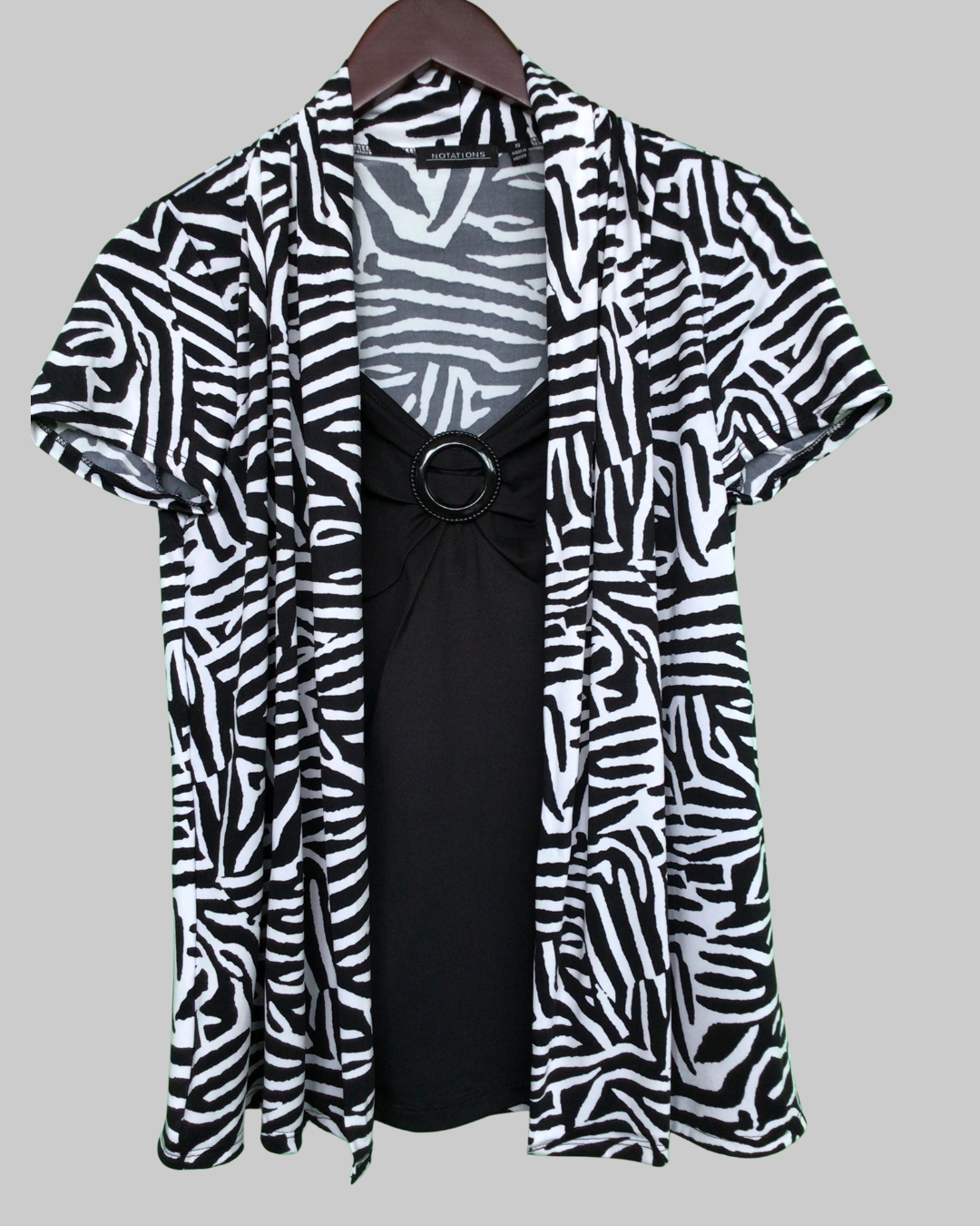 Notations Cowl Neck Black White Short Sleeve Blouse