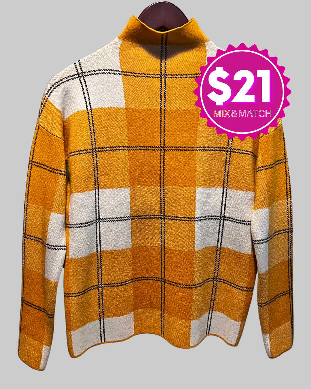 Rachel Zoe Women's Mock Turtle Neck Mustard Sweater Multi Line Grid Plaid