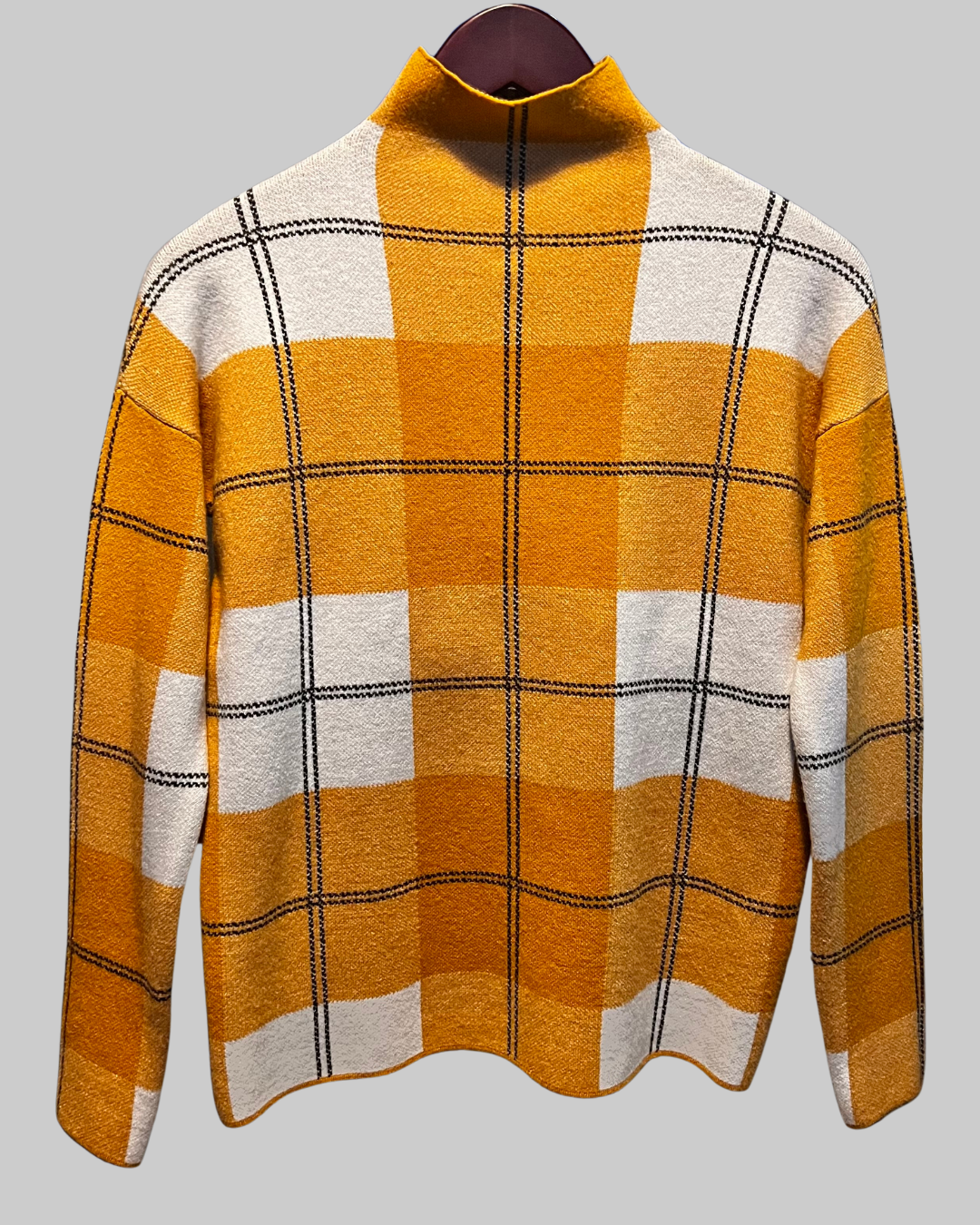 Rachel Zoe Women's Mock Turtle Neck Mustard Sweater Multi Line Grid Plaid