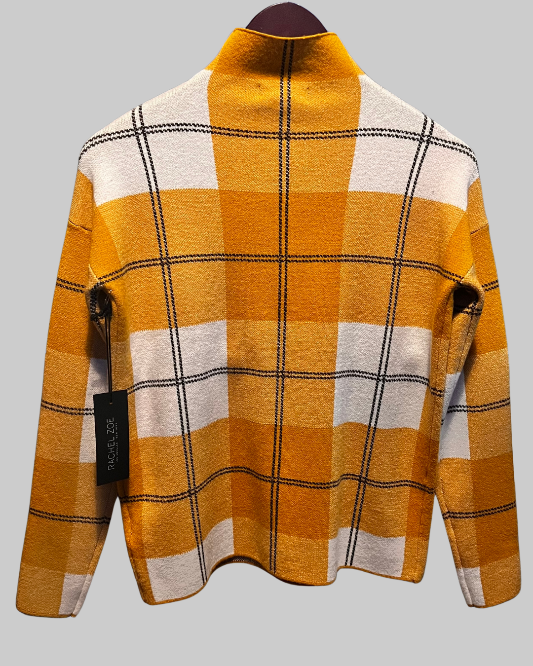 Rachel Zoe Women's Mock Turtle Neck Mustard Sweater Multi Line Grid Plaid