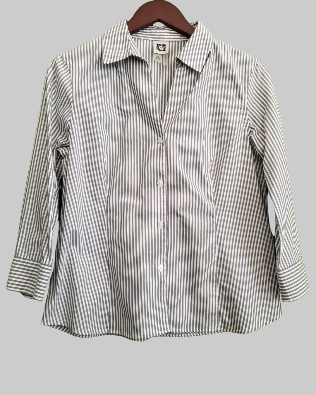 Anne Klein Grey and White Stripes 3/4 Sleeve Shirt
