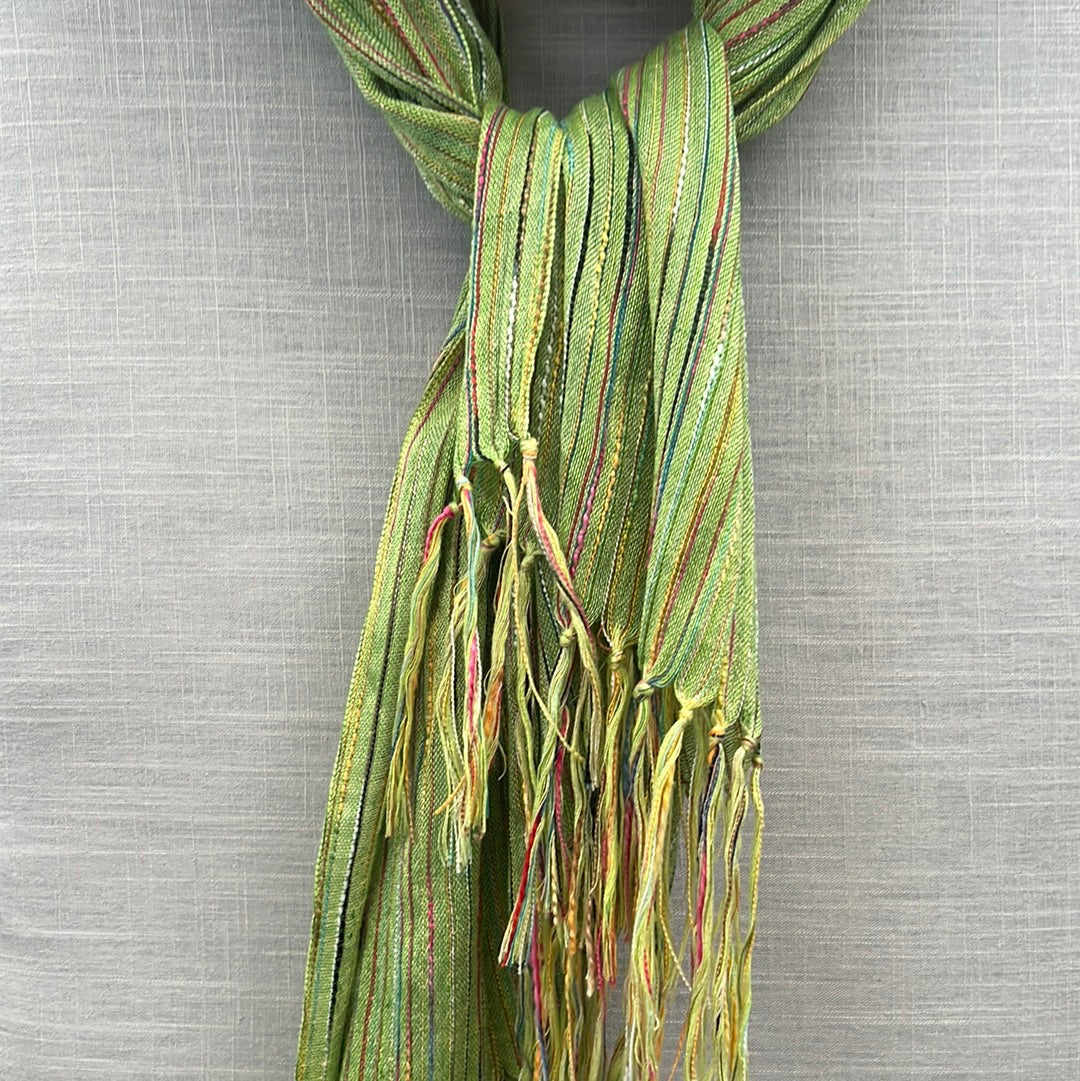 Women's Knitted Green with Multicolored Stripes Pattern Scarf
