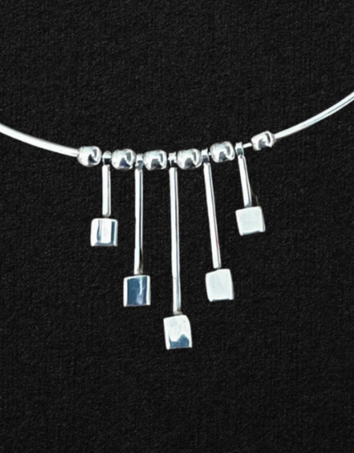 Minimalist Sterling Silver Choker Necklace with Dangling Cubes
