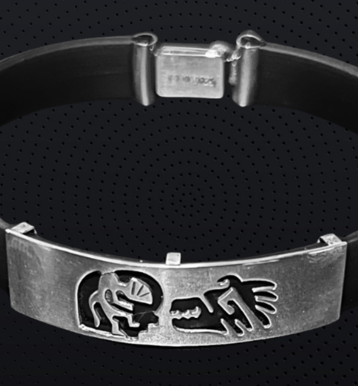 Tribal Black Rubber 925 Pure Sterling Silver Bracelet