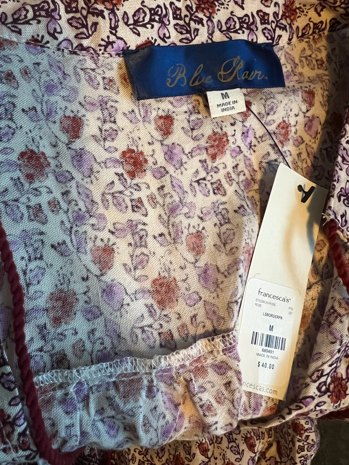 Rose Blue Rair Francesca’s Vintage Boho Top