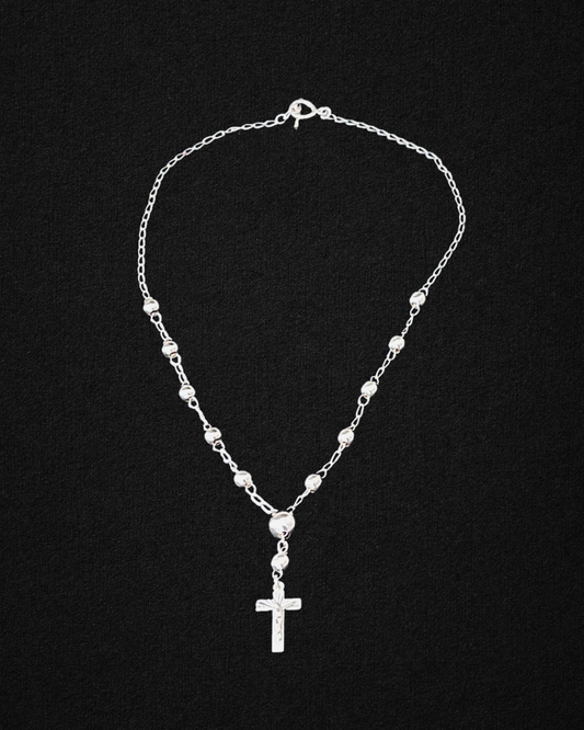 Sterling Silver Rosary Necklace with Cross Pendant