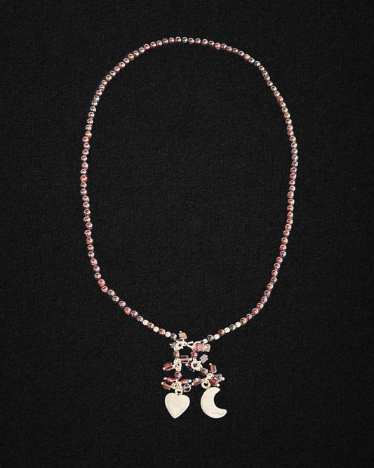 Classic Beaded Necklace with Heart and Crescent Moon 925 Pure Sterling Silver Pendants