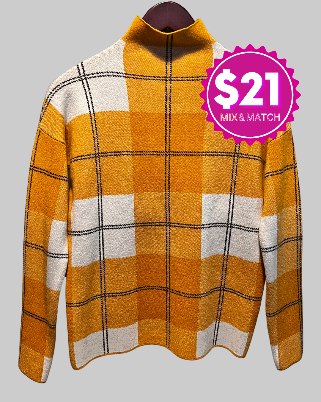 Rachel Zoe Women's Mock Turtle Neck Mustard  Sweater Multi Line Grid Plaid