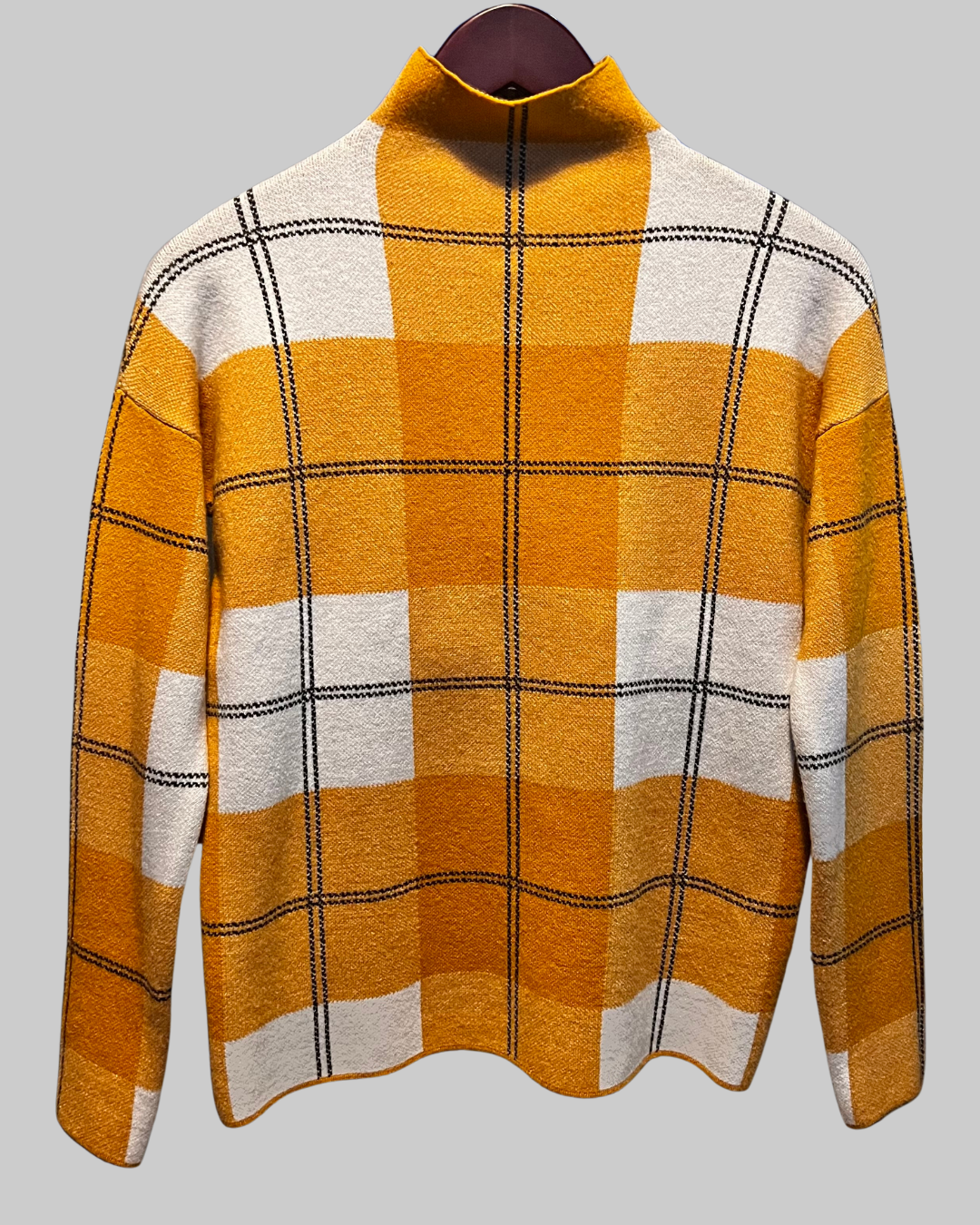 Rachel Zoe Women's Mock Turtle Neck Mustard  Sweater Multi Line Grid Plaid