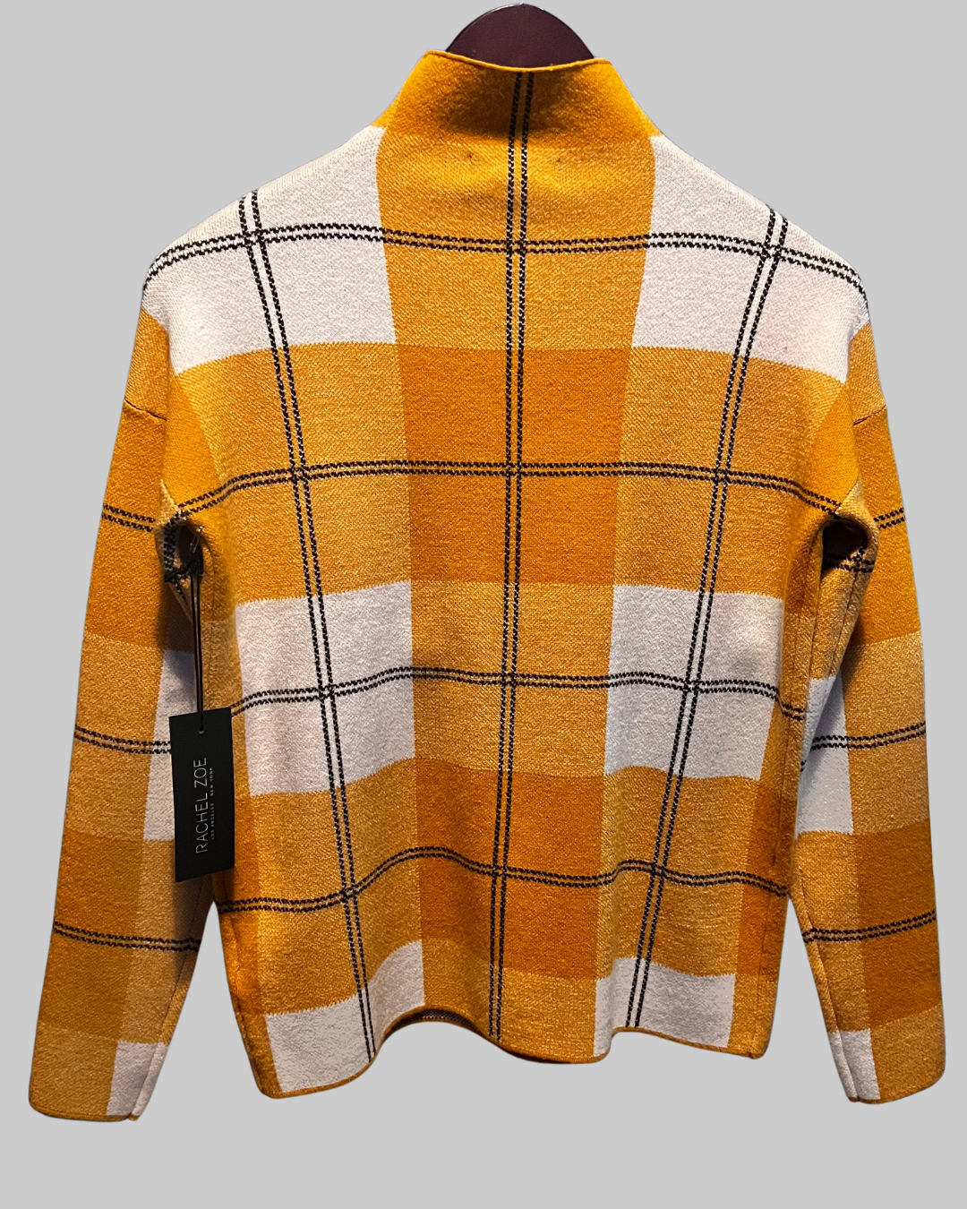 Rachel Zoe Women's Mock Turtle Neck Mustard  Sweater Multi Line Grid Plaid