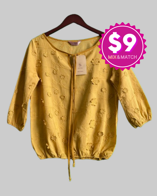 SJS Embroidered Yellow Floral Peasant Blouse