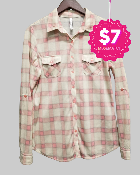 RNB Long Sleeve Plaid Print Blouse