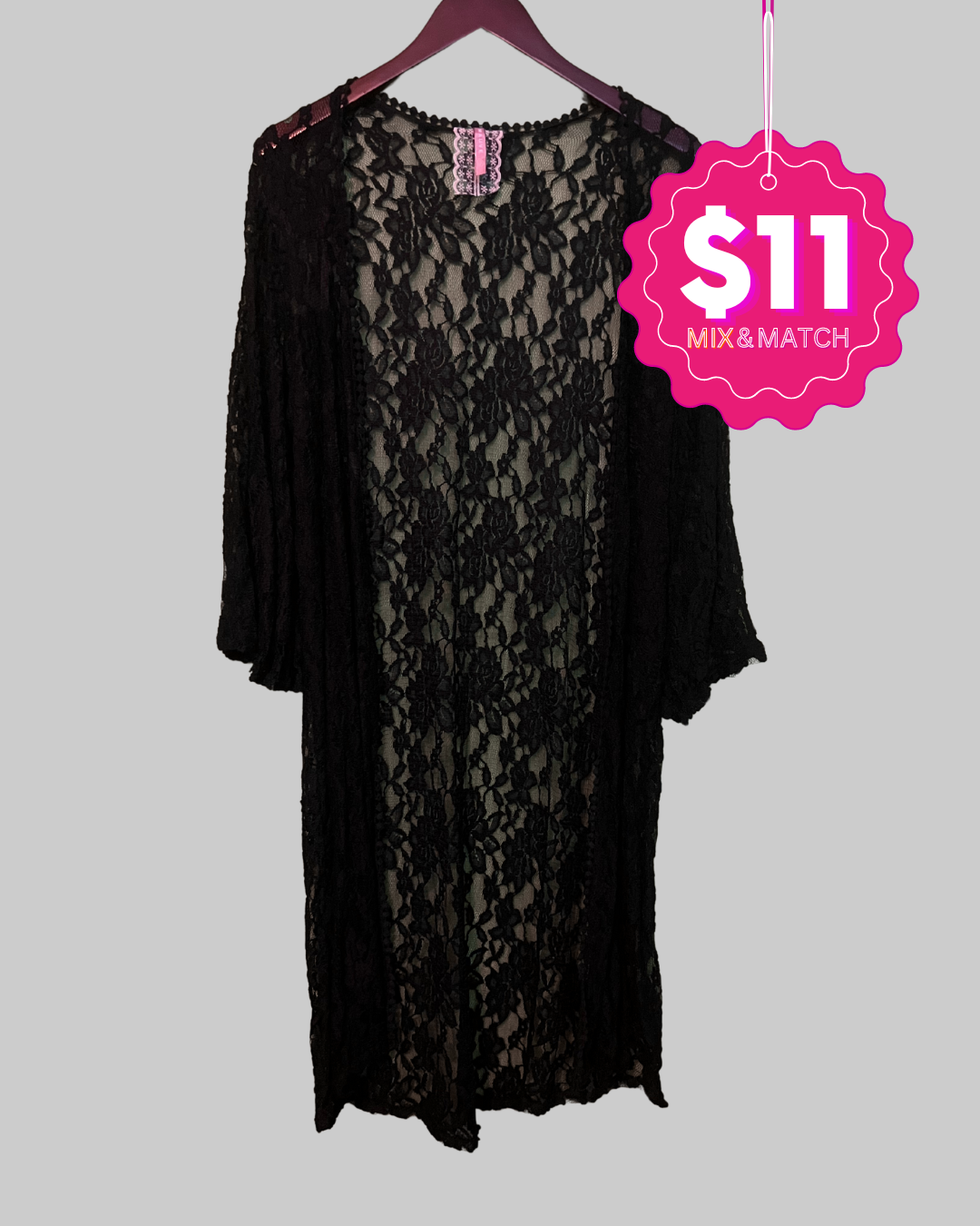 Mauve Black Lace 3/4 Sleeve Open Cardigan