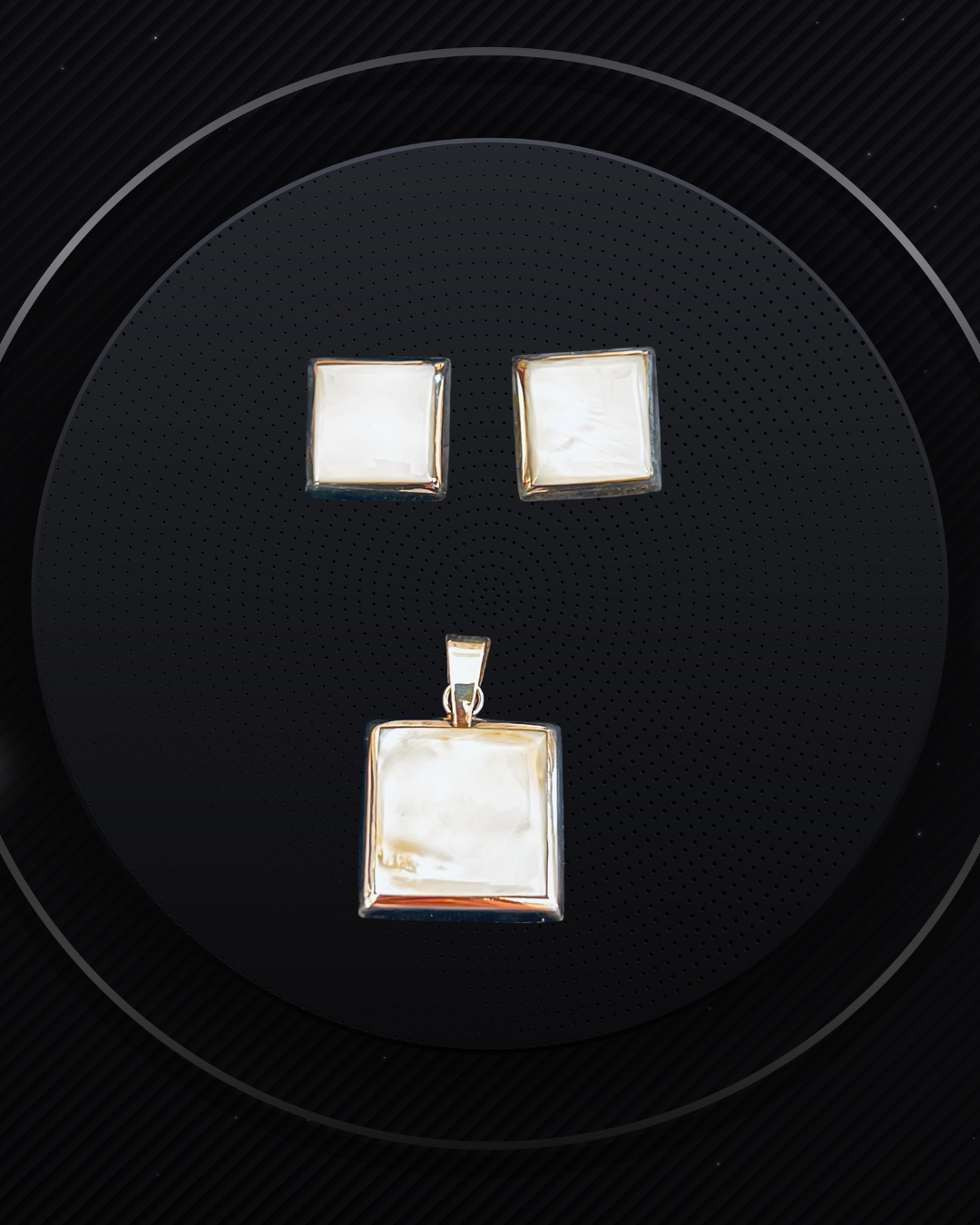 Real 925 Pure Sterling Silver & White Mother of Pearl Square Earrings and Pendant Set