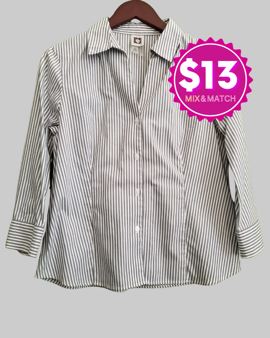 Anne Klein Grey and White Stripes 3/4 Sleeve Shirt