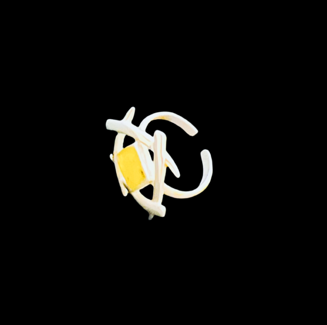 Modern Art-Inspired 925 Pure Sterling Silver & Yellow Stone Ring