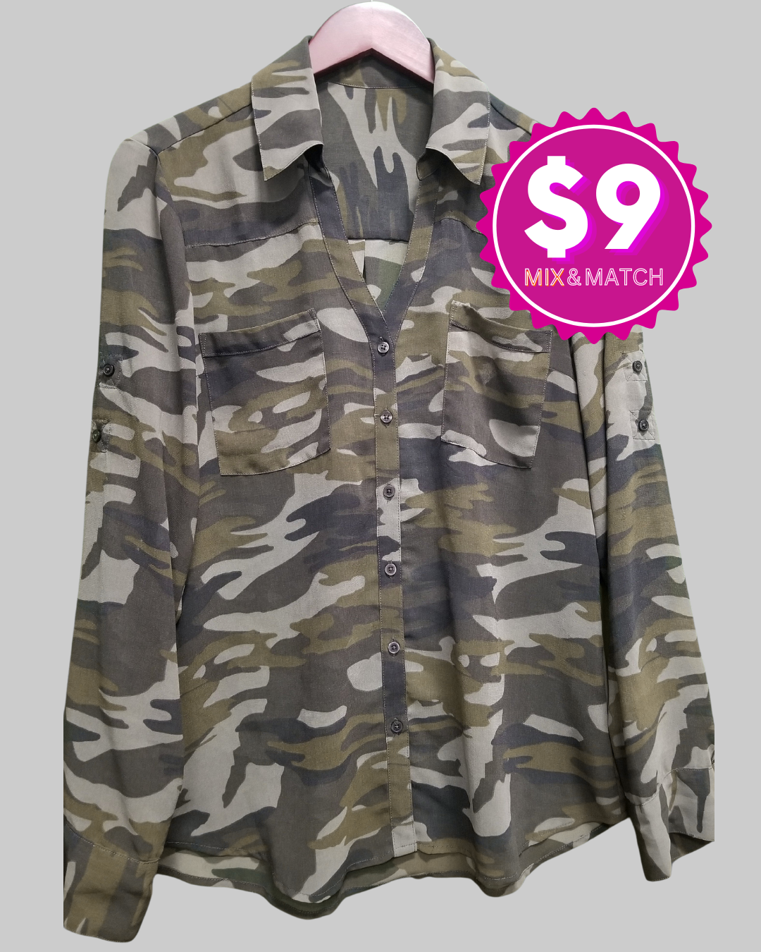 Women's V-Neck Button Down Long Sleeve Military Nylon Blouse