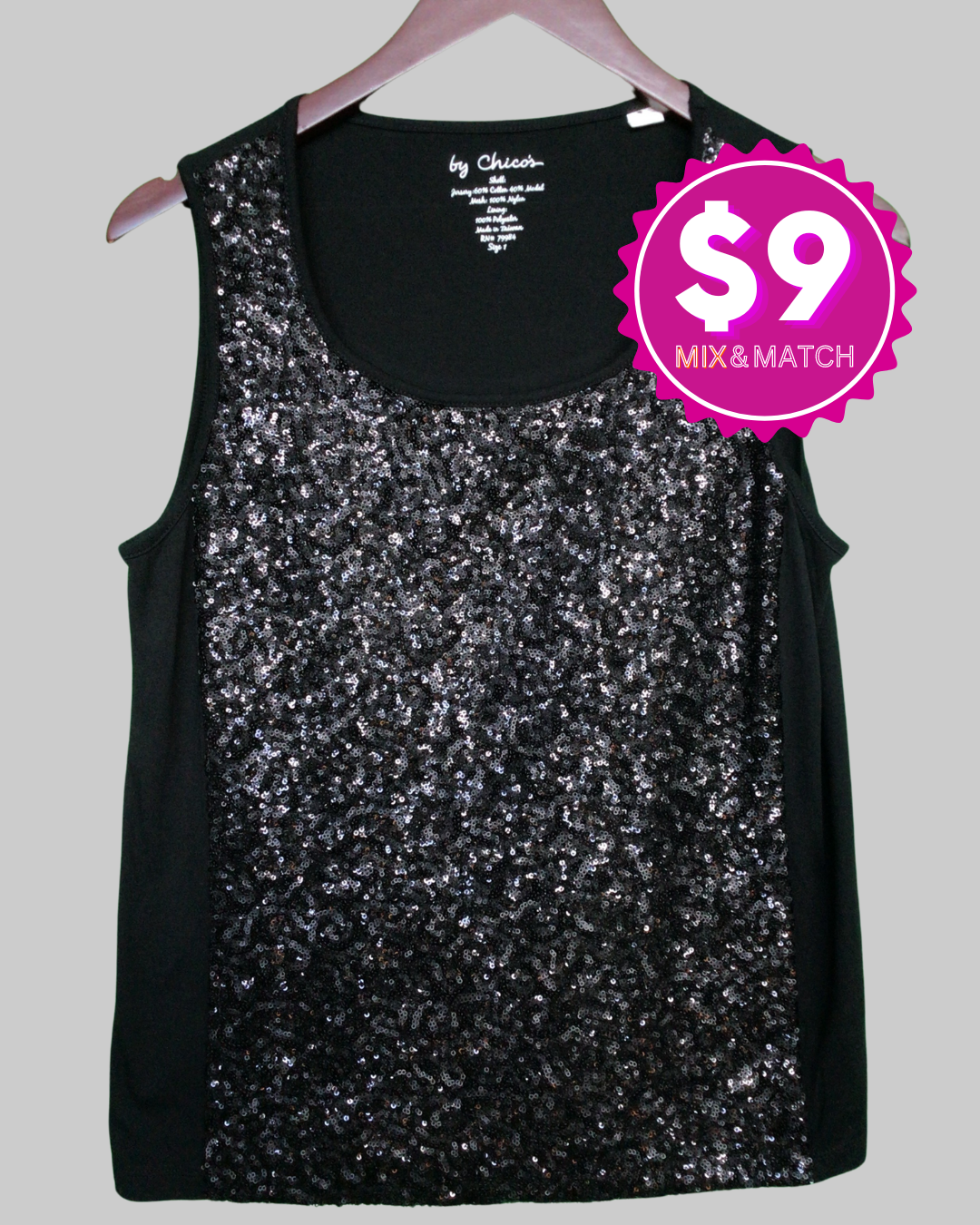 Chico's Scoop Neck Sleeveless Black Sequin Tank Top