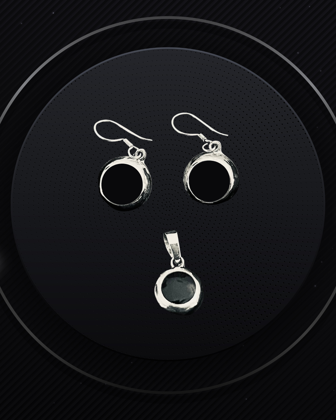 Minimalist Sterling Silver and Onyx Round Earrings and Pendant