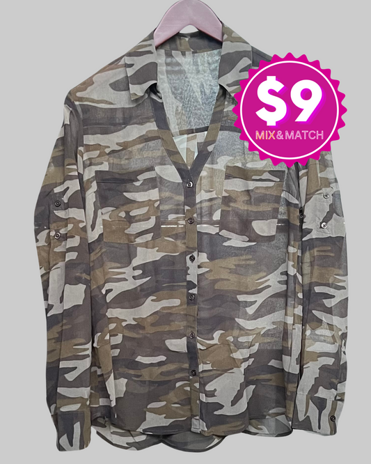 Long Sleeve Camo Army Green Women's Blouse