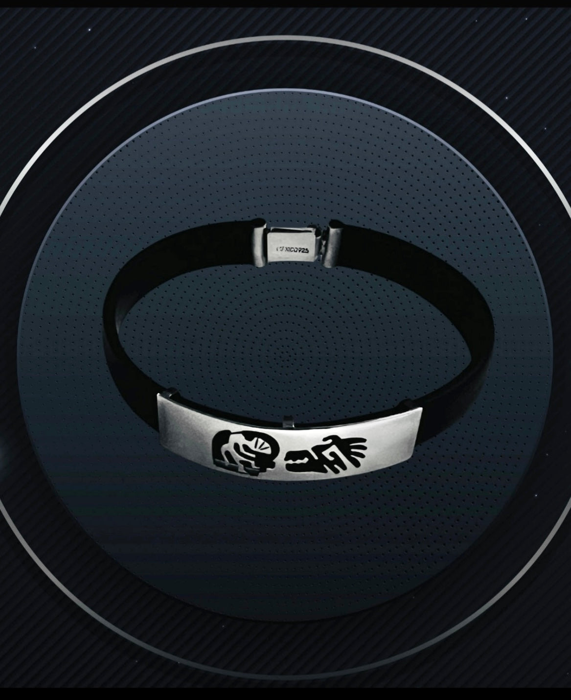 Tribal Black Rubber 925 Pure Sterling Silver Bracelet