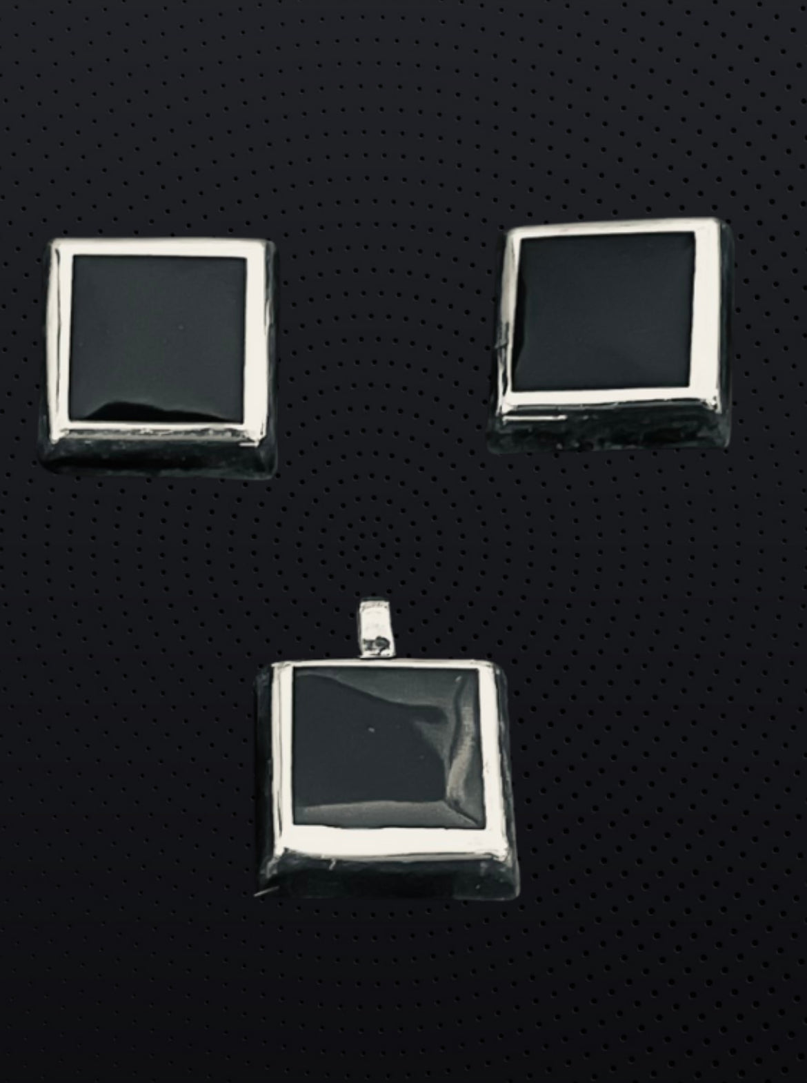 Elegant Onyx Square Sterling Silver Earrings and Pendant Set