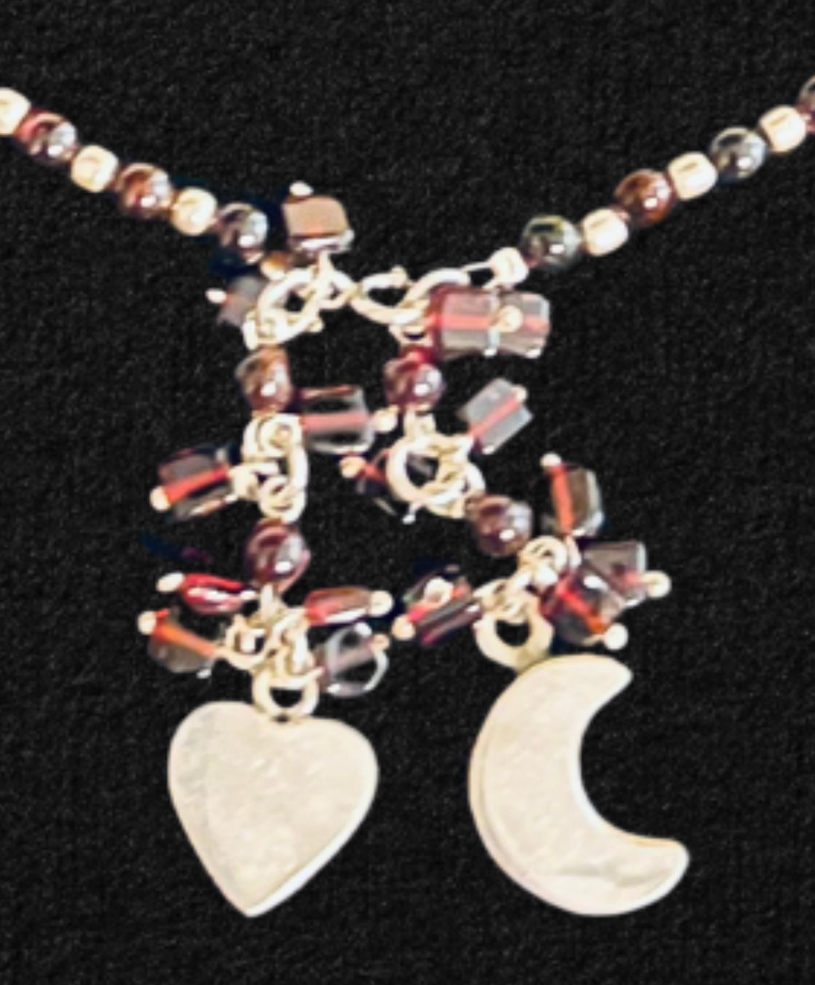 Classic Beaded Necklace with Heart and Crescent Moon 925 Pure Sterling Silver Pendants