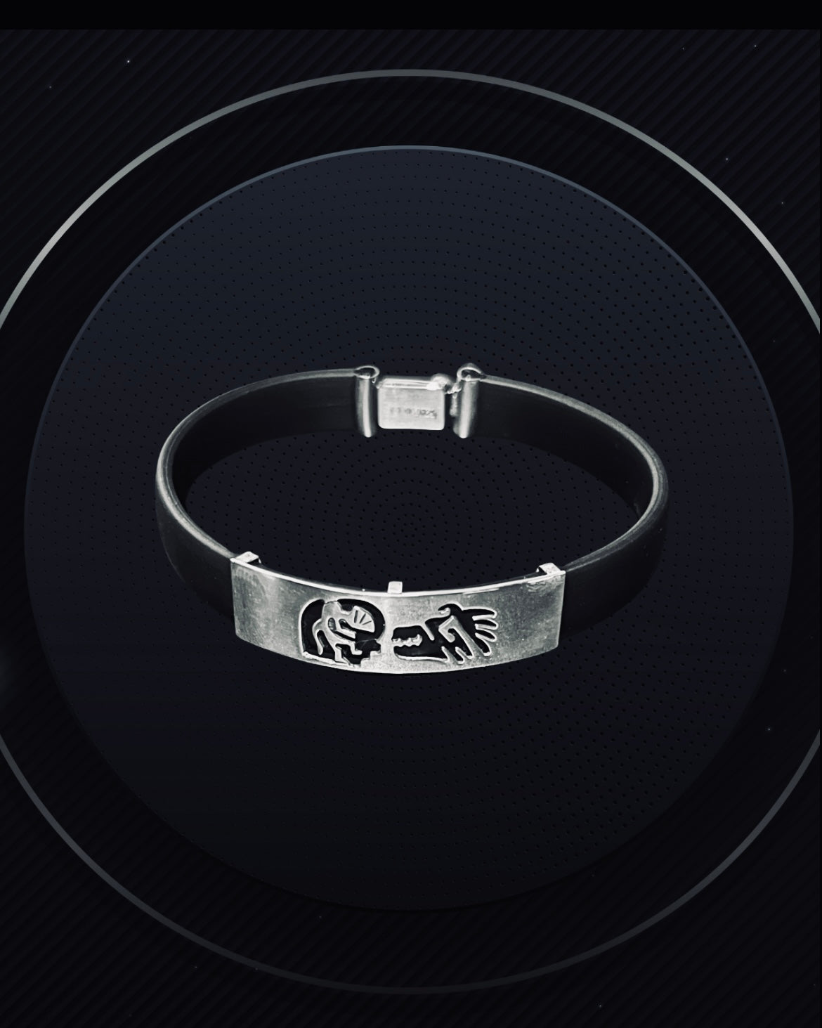 Tribal Black Rubber 925 Pure Sterling Silver Bracelet