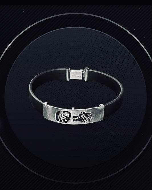 Tribal Black Rubber 925 Pure Sterling Silver Bracelet