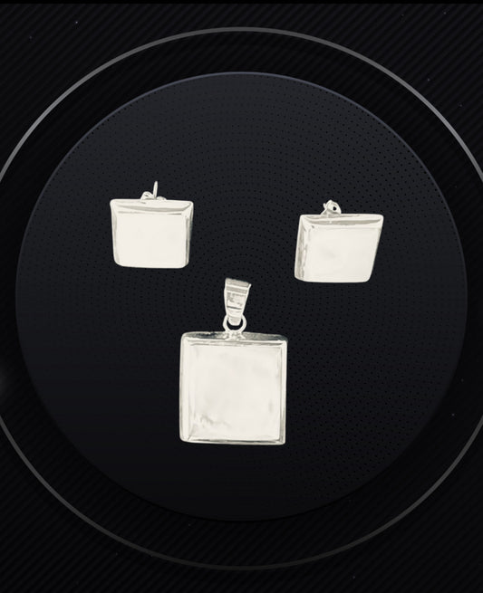 Real 925 Pure Sterling Silver & White Mother of Pearl Square Earrings and Pendant Set